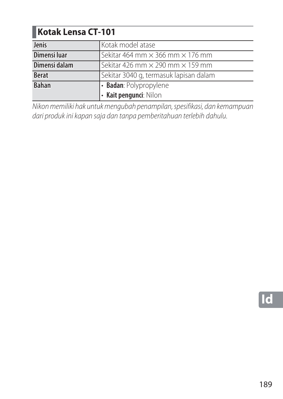 Kotak lensa ct-101 | Nikon NIKKOR Z 58mm f/0.95 S Noct Lens (Refurbished by USA) User Manual | Page 189 / 213