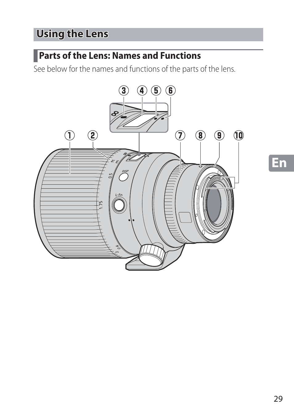 Using the lens, Parts of the lens: names and functions | Nikon NIKKOR Z 58mm f/0.95 S Noct Lens (Refurbished by USA) User Manual | Page 29 / 213