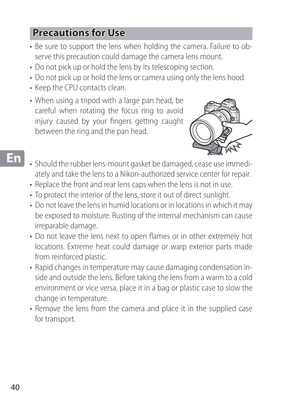 Precautions for use | Nikon NIKKOR Z 58mm f/0.95 S Noct Lens (Refurbished by USA) User Manual | Page 40 / 213
