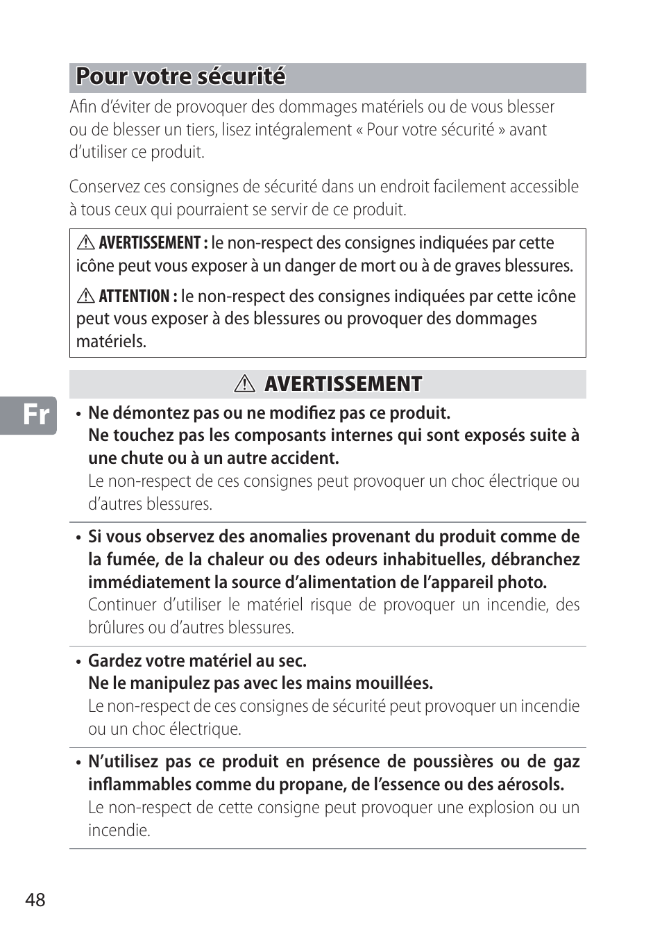 Pour votre sécurité, A a avertissement avertissement | Nikon NIKKOR Z 58mm f/0.95 S Noct Lens (Refurbished by USA) User Manual | Page 48 / 213