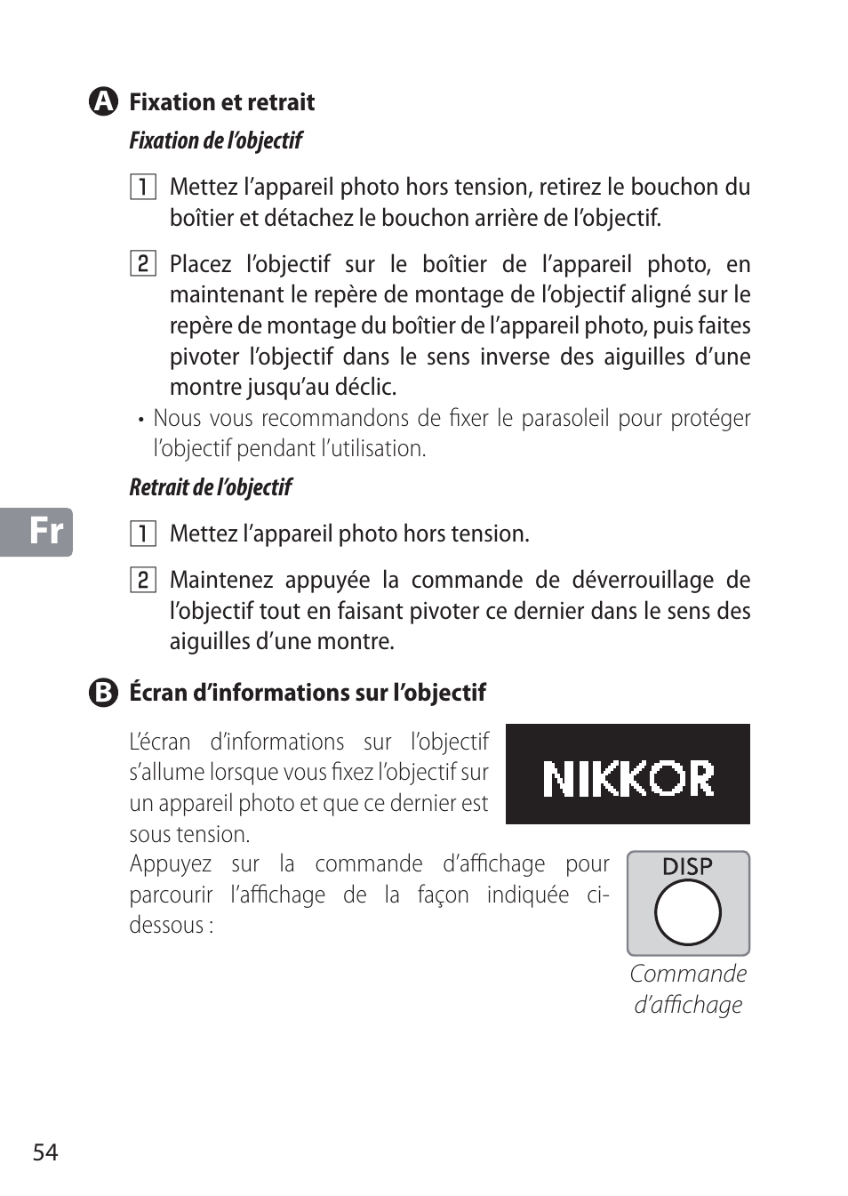 A fixation et retrait, B écran d’informations sur l’objectif | Nikon NIKKOR Z 58mm f/0.95 S Noct Lens (Refurbished by USA) User Manual | Page 54 / 213