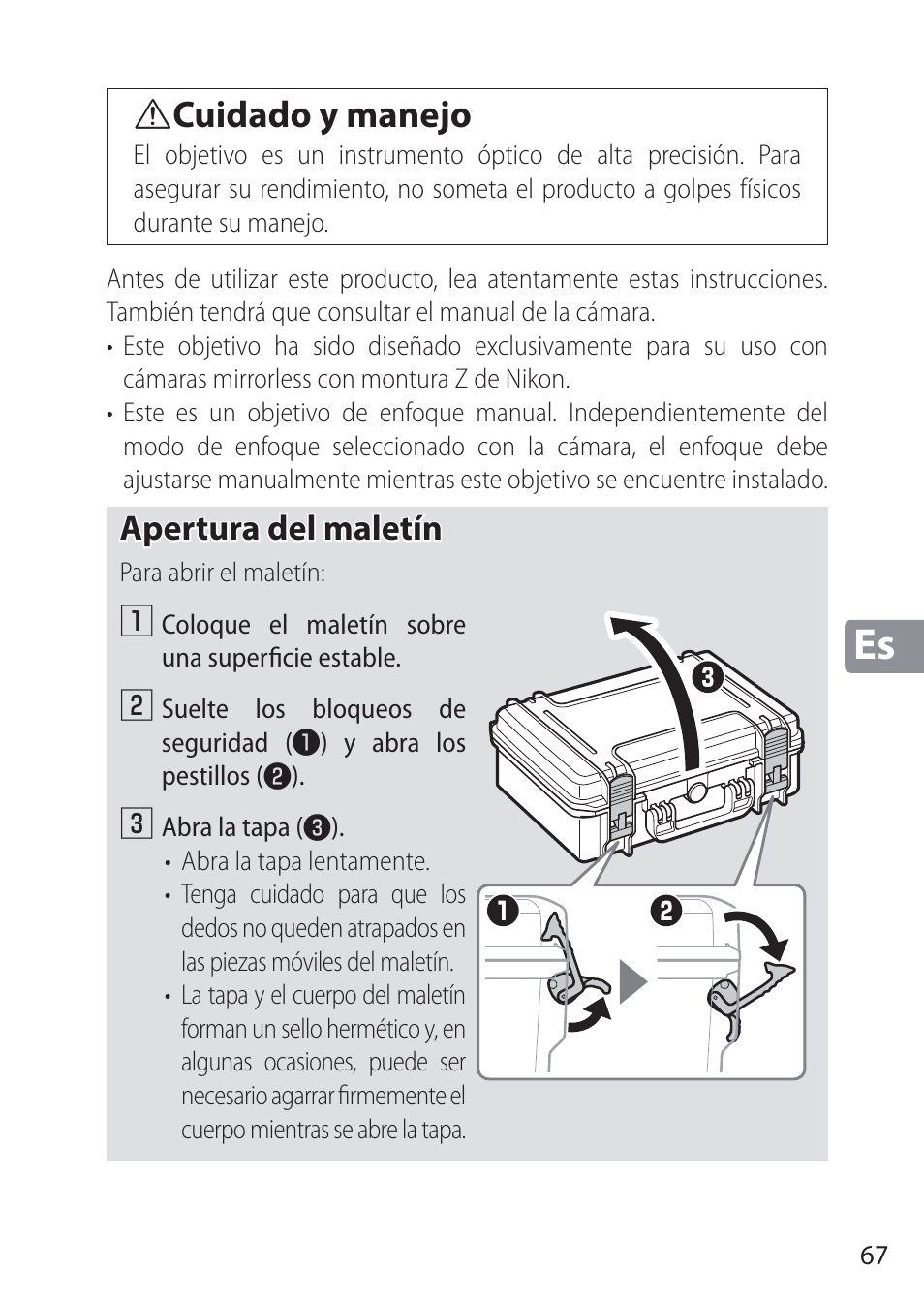 Acuidado y manejo cuidado y manejo, Apertura del maletín | Nikon NIKKOR Z 58mm f/0.95 S Noct Lens (Refurbished by USA) User Manual | Page 67 / 213