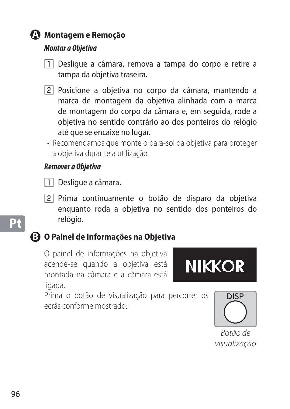 A montagem e remoção, B o painel de informações na objetiva | Nikon NIKKOR Z 58mm f/0.95 S Noct Lens (Refurbished by USA) User Manual | Page 96 / 213