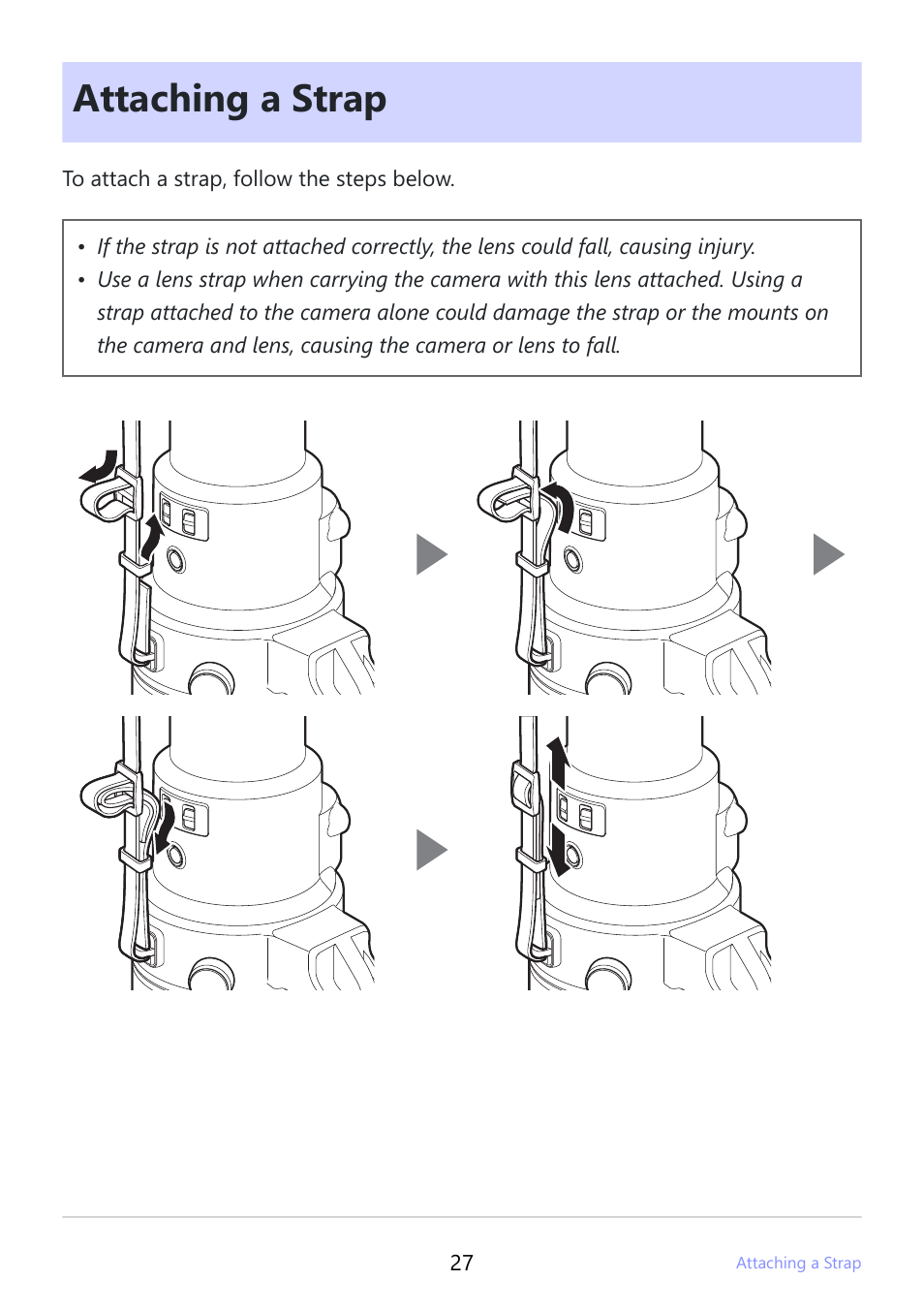Attaching a strap | Nikon NIKKOR Z 600mm f/4 TC VR S Lens (Z) User Manual | Page 27 / 54