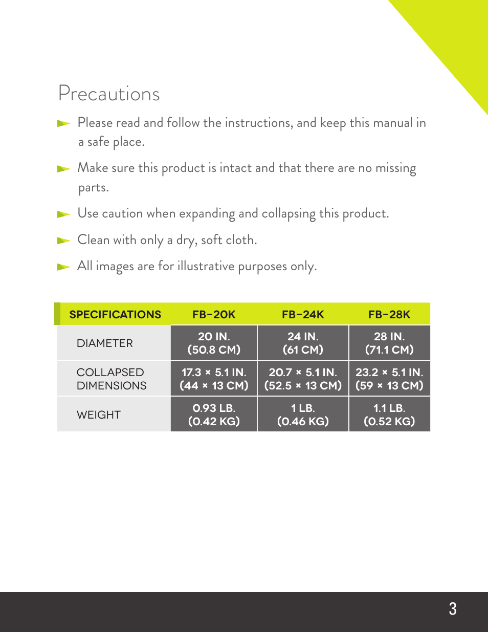 Precautions | Angler V1 FastBox 20" Octagonal Softbox Kit User Manual | Page 3 / 8