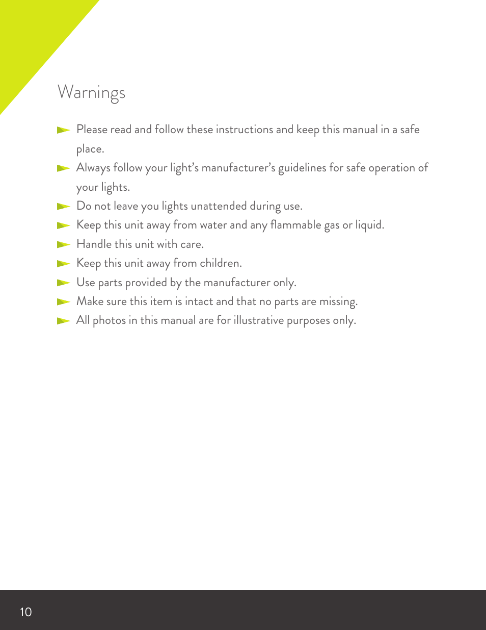 Warnings | Angler Silverbox Softbox (18") User Manual | Page 10 / 12