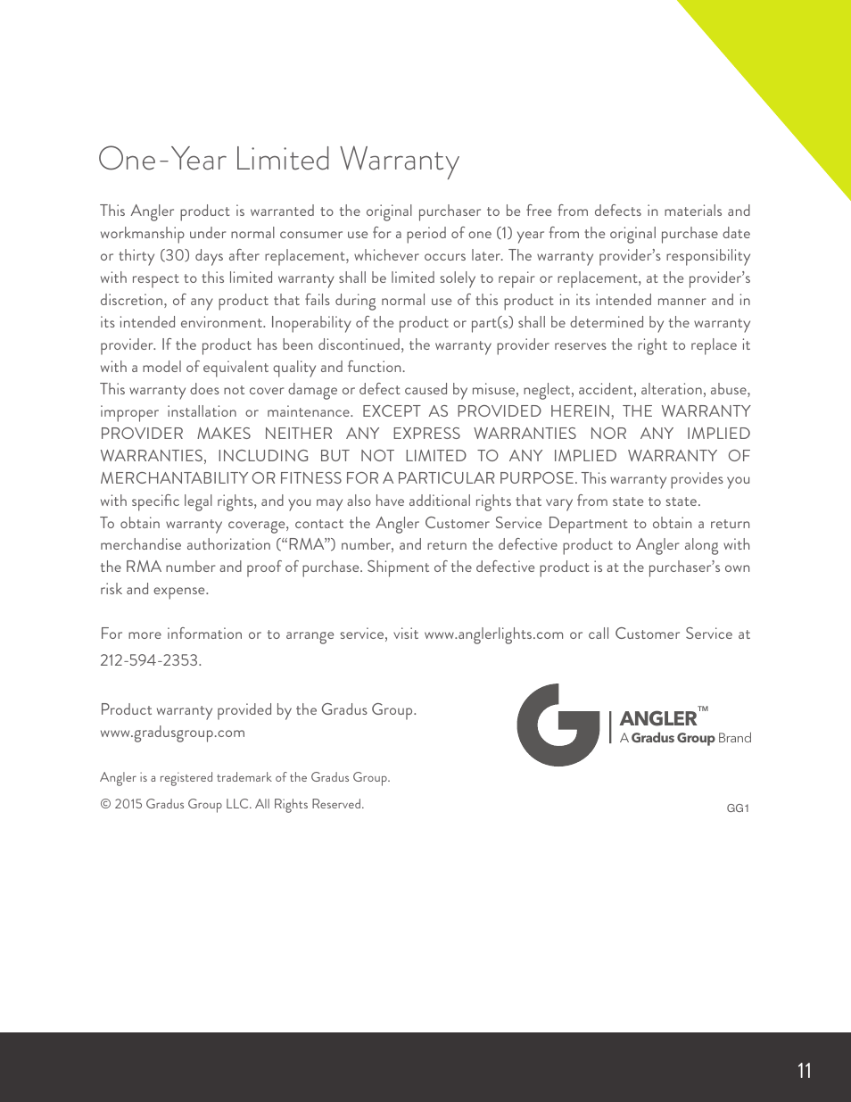 One-year limited warranty | Angler Silverbox Softbox (18") User Manual | Page 11 / 12