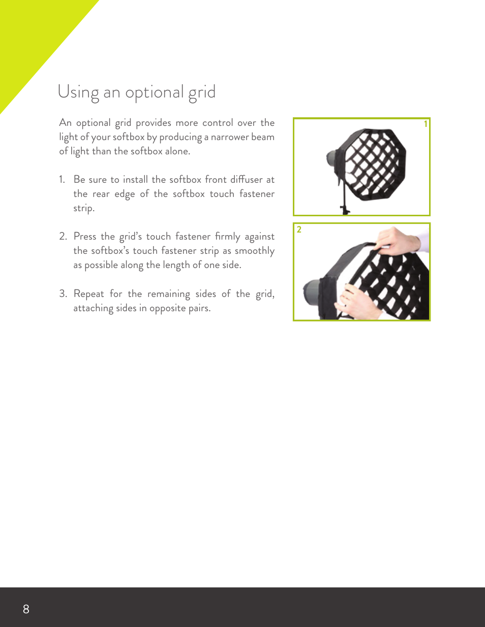 Using an optional grid | Angler Silverbox Softbox (18") User Manual | Page 8 / 12