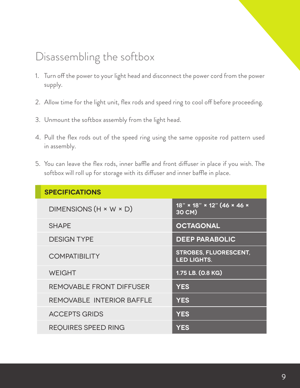 Disassembling the softbox | Angler Silverbox Softbox (18") User Manual | Page 9 / 12