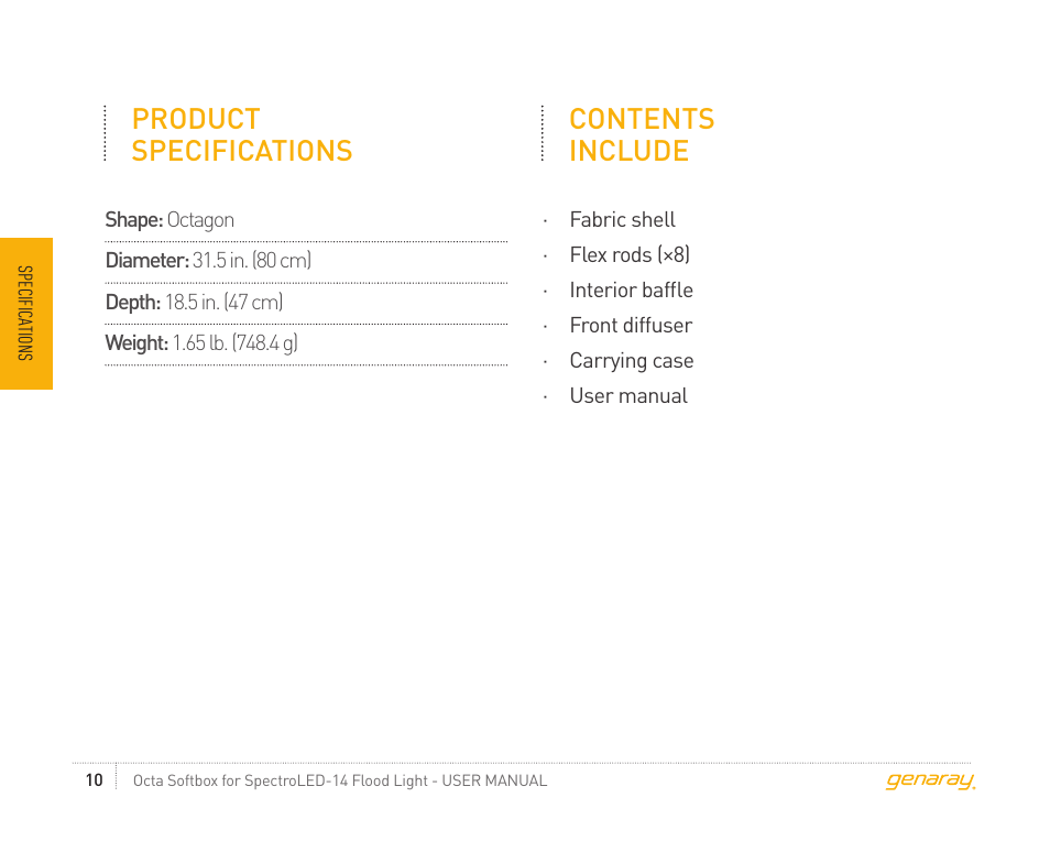 Product specifications, Contents include | Genaray Octa Softbox for Spectro LED-14 Flood Light User Manual | Page 10 / 12