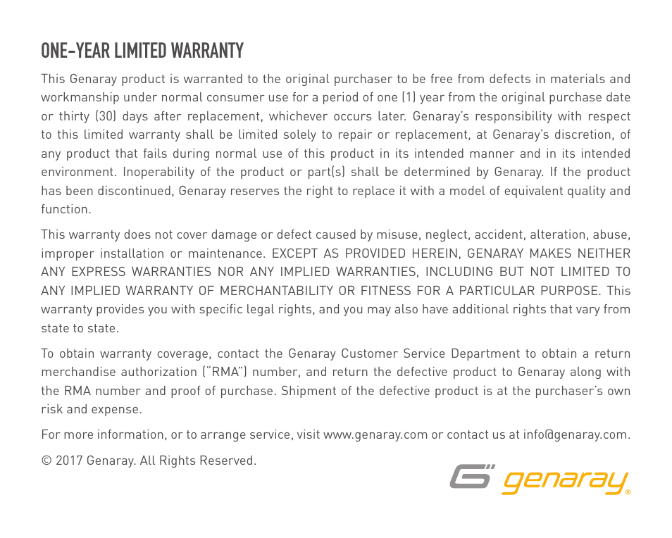 One-year limited warranty | Genaray Octa Softbox for Spectro LED-14 Flood Light User Manual | Page 11 / 12