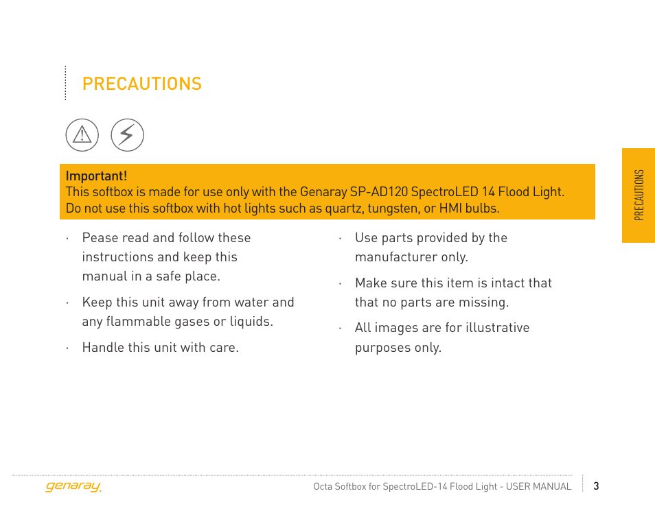Precautions | Genaray Octa Softbox for Spectro LED-14 Flood Light User Manual | Page 3 / 12