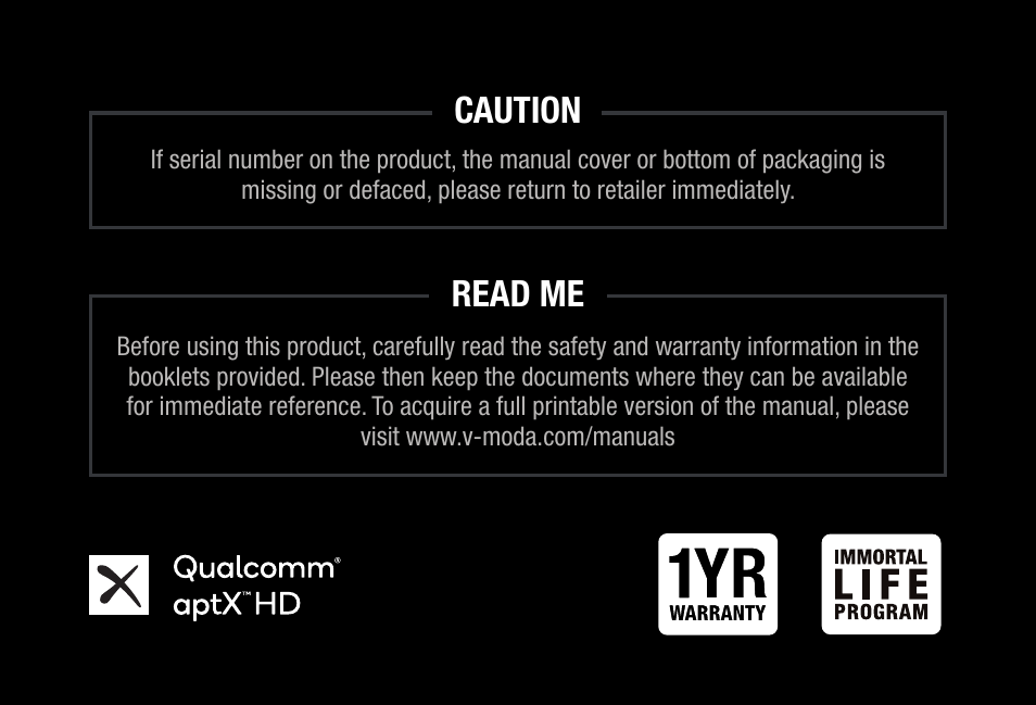 Caution read me | V-MODA S-80 On-Ear Bluetooth Headphones and Personal Speaker System (Rose Gold) User Manual | Page 2 / 28