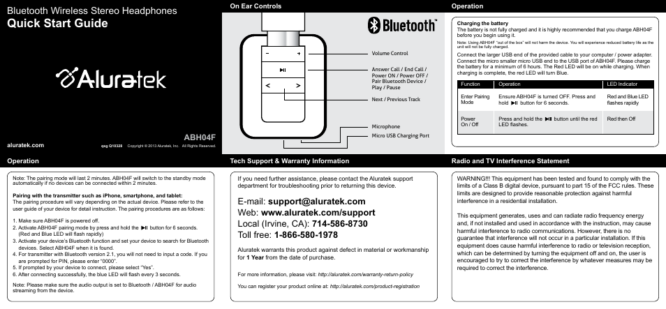 Aluratek ABH04F Bluetooth Wireless Stereo Headphones (White) User Manual | 1 page