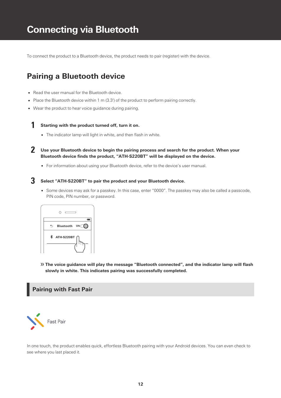 Connecting via bluetooth, Pairing a bluetooth device, Pairing with fast pair | Audio-Technica ATH-S220BT Wireless On-Ear Headphones (White) User Manual | Page 12 / 30