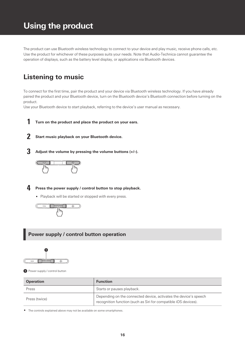 Using the product, Listening to music, Power supply / control button operation | Audio-Technica ATH-S220BT Wireless On-Ear Headphones (White) User Manual | Page 16 / 30