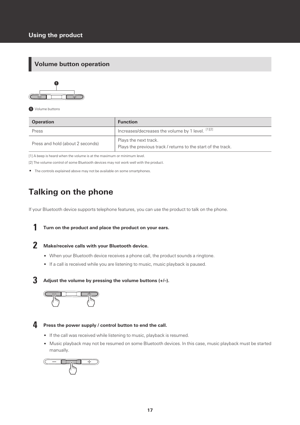 Volume button operation, Talking on the phone | Audio-Technica ATH-S220BT Wireless On-Ear Headphones (White) User Manual | Page 17 / 30