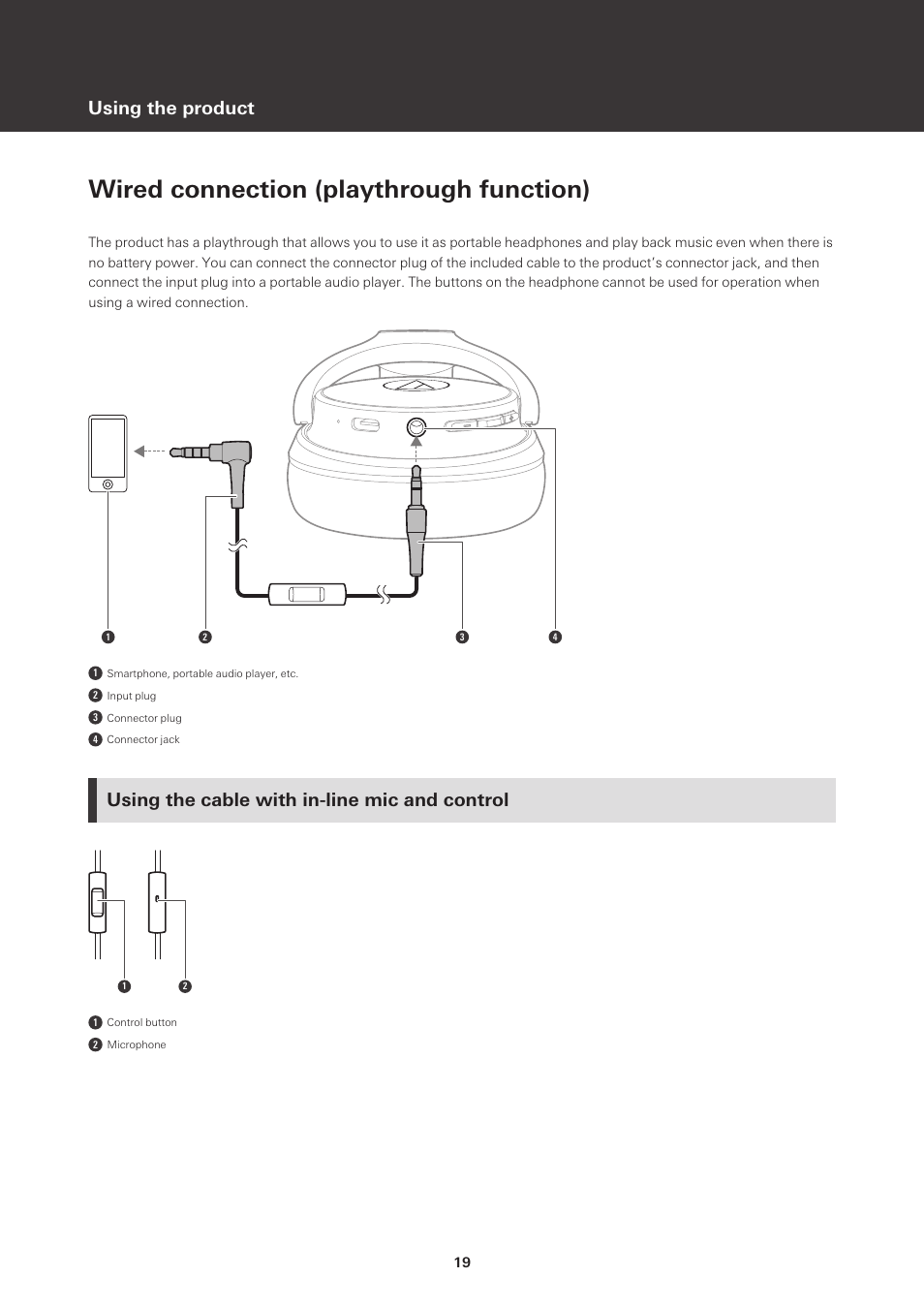 Wired connection (playthrough function), Using the cable with in-line mic and control, Using the product | Audio-Technica ATH-S220BT Wireless On-Ear Headphones (White) User Manual | Page 19 / 30