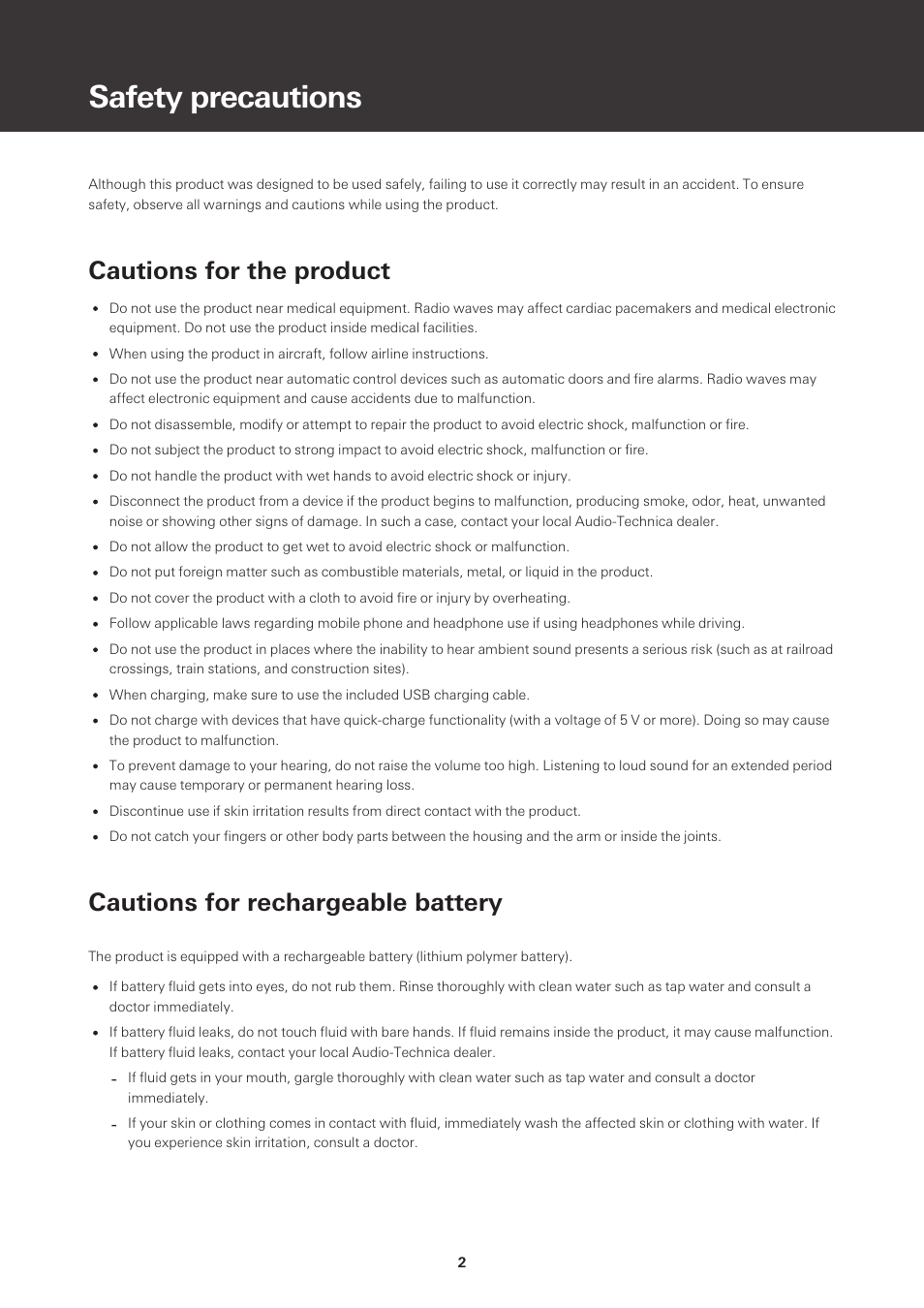 Safety precautions, Cautions for the product, Cautions for rechargeable battery | Audio-Technica ATH-S220BT Wireless On-Ear Headphones (White) User Manual | Page 2 / 30