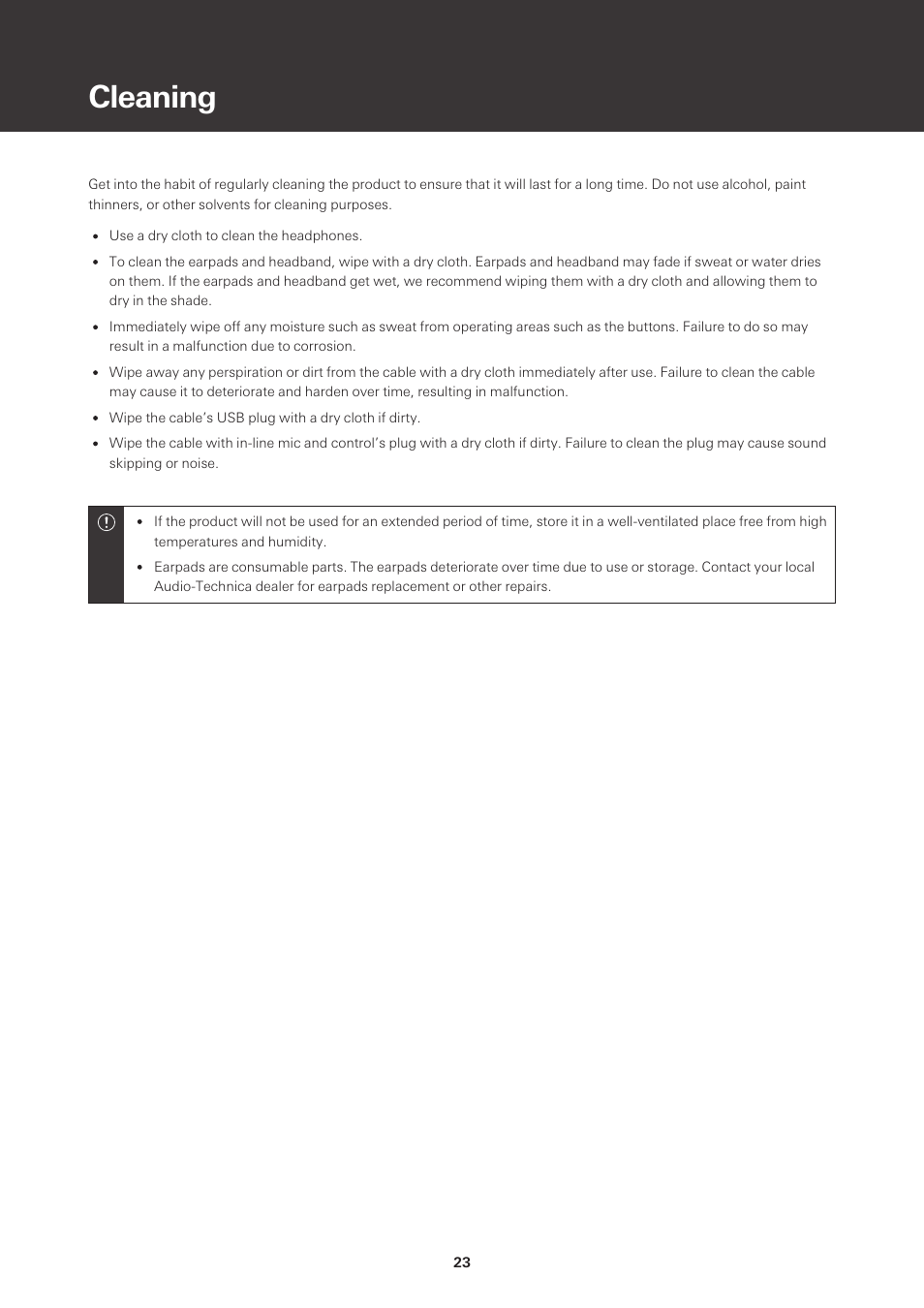 Cleaning | Audio-Technica ATH-S220BT Wireless On-Ear Headphones (White) User Manual | Page 23 / 30