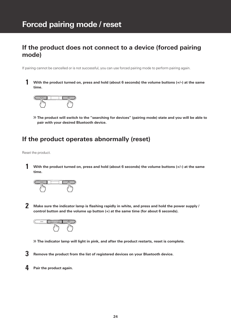 Forced pairing mode / reset, If the product operates abnormally (reset) | Audio-Technica ATH-S220BT Wireless On-Ear Headphones (White) User Manual | Page 24 / 30