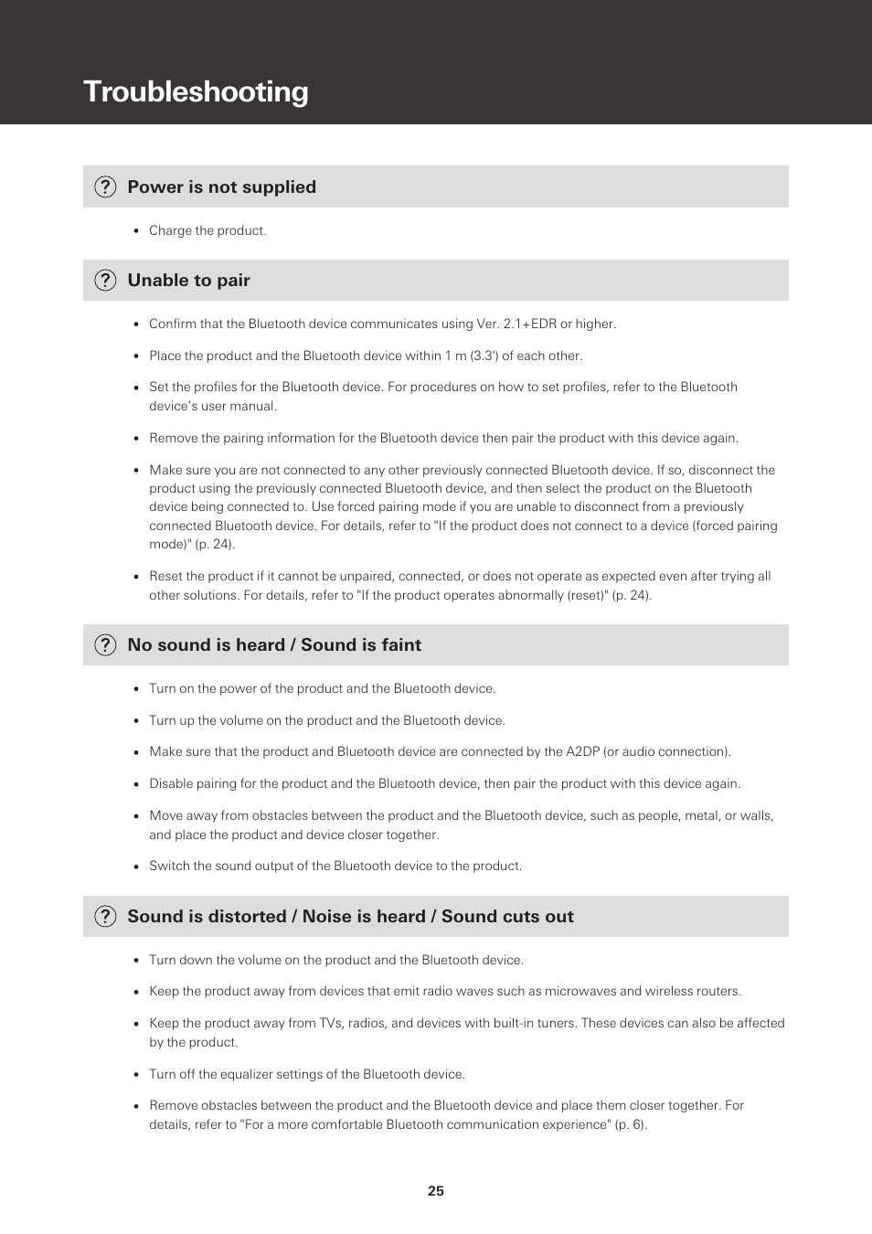 Troubleshooting | Audio-Technica ATH-S220BT Wireless On-Ear Headphones (White) User Manual | Page 25 / 30