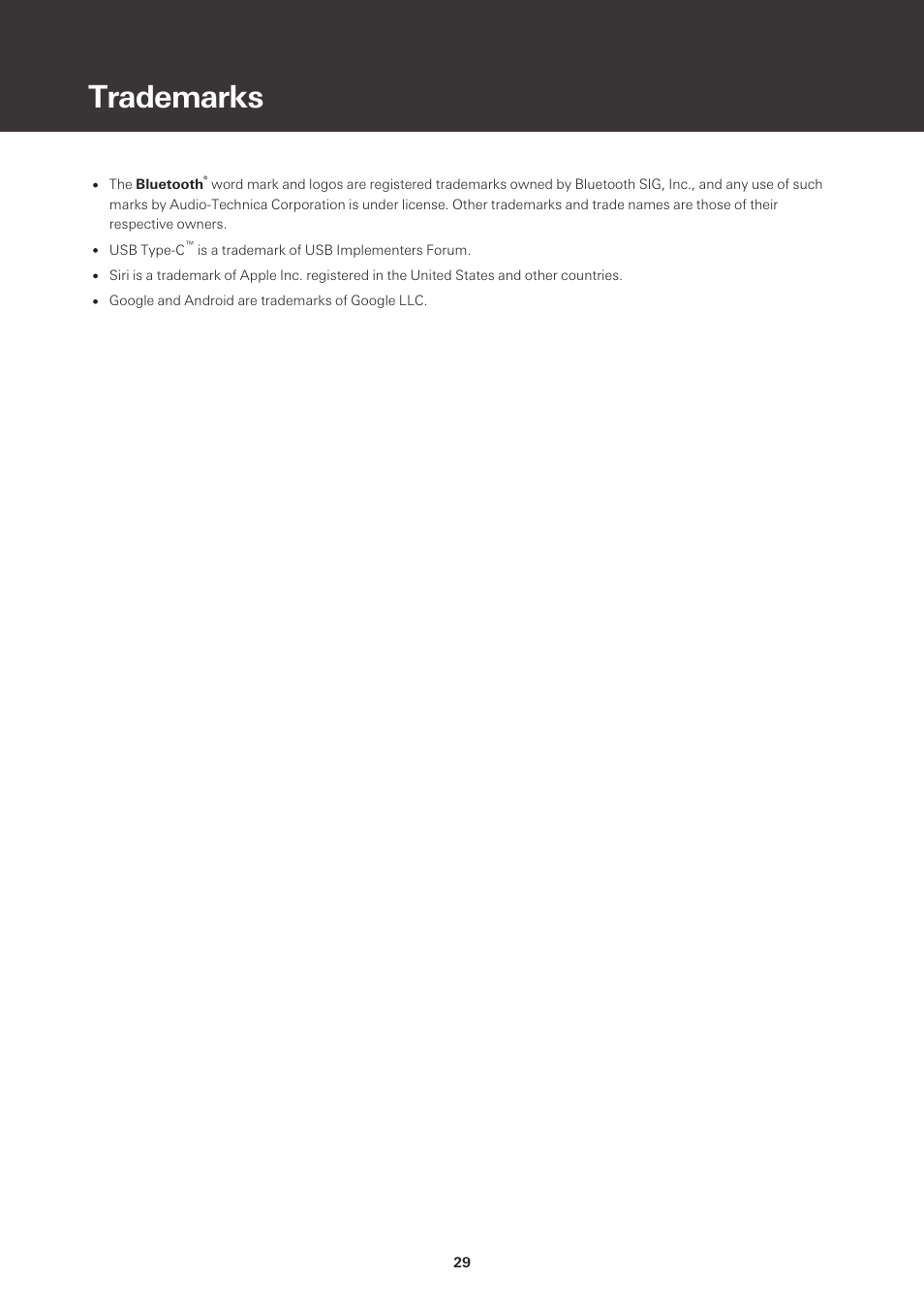 Trademarks | Audio-Technica ATH-S220BT Wireless On-Ear Headphones (White) User Manual | Page 29 / 30