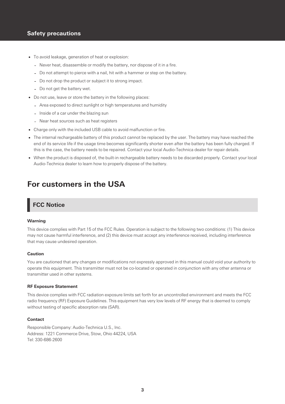 For customers in the usa, Fcc notice, Safety precautions | Audio-Technica ATH-S220BT Wireless On-Ear Headphones (White) User Manual | Page 3 / 30