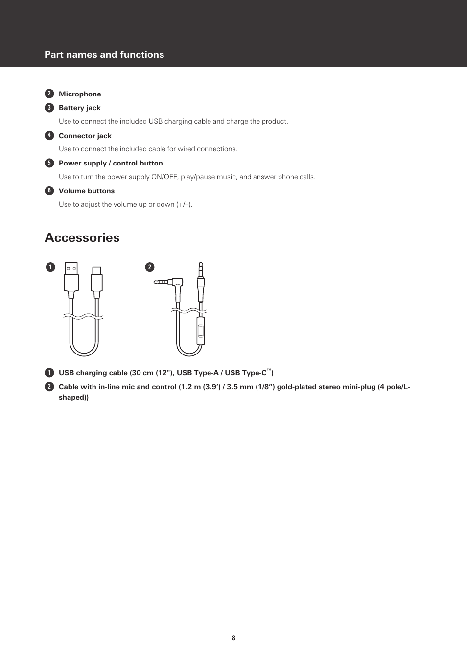 Accessories, Part names and functions | Audio-Technica ATH-S220BT Wireless On-Ear Headphones (White) User Manual | Page 8 / 30