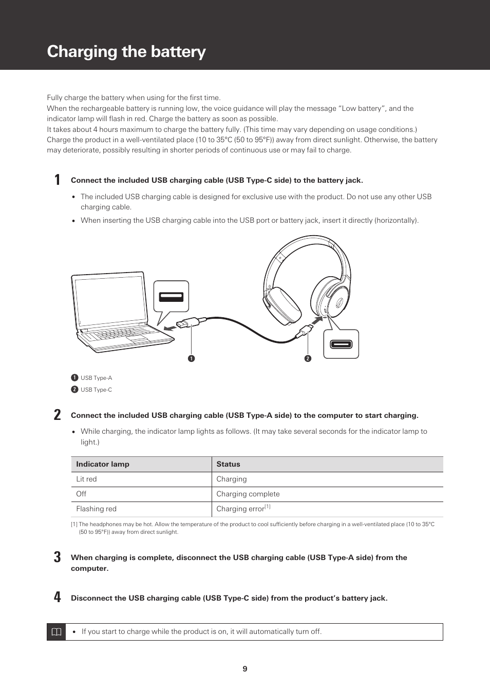 Charging the battery | Audio-Technica ATH-S220BT Wireless On-Ear Headphones (White) User Manual | Page 9 / 30