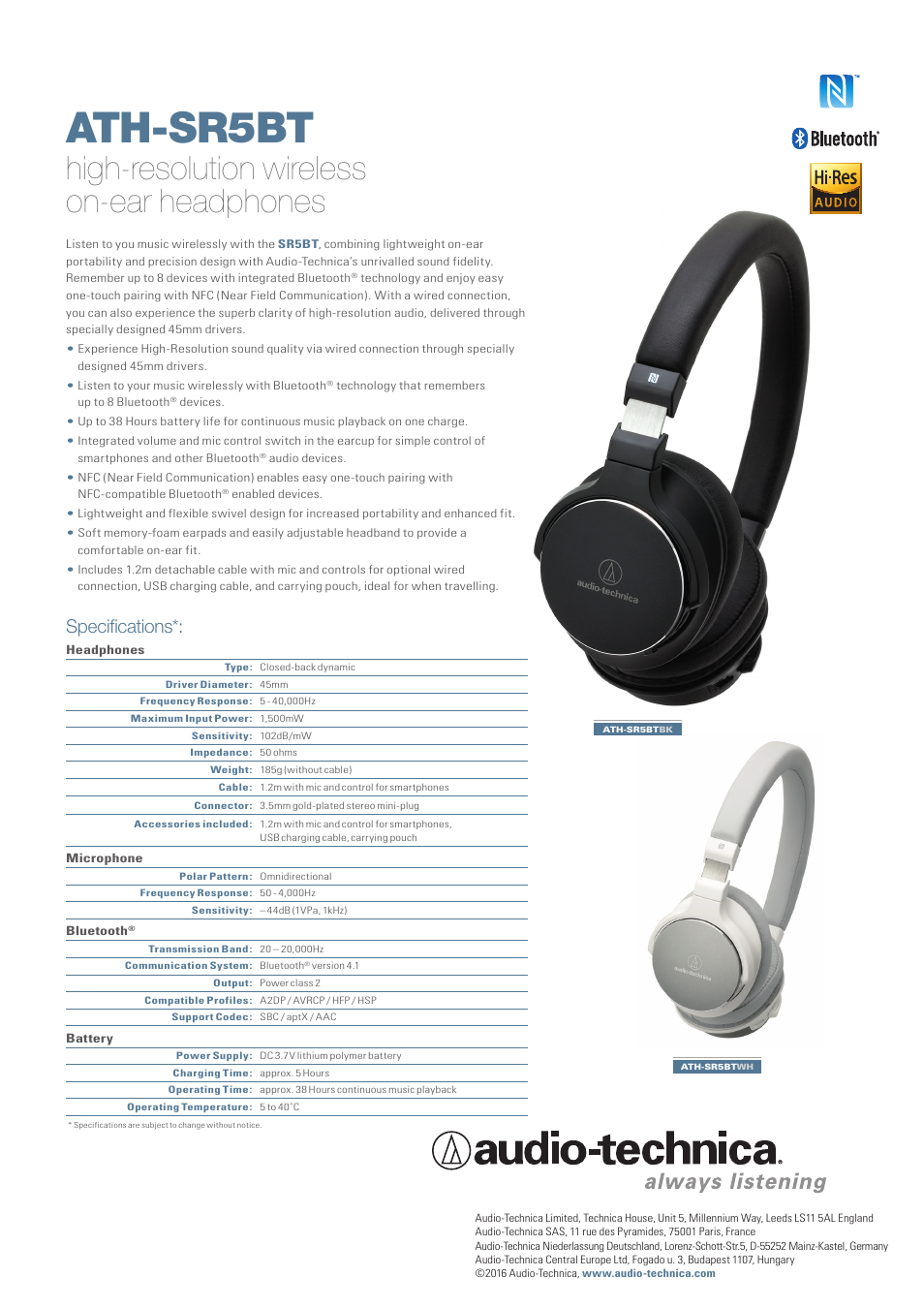 Audio-Technica ATH-SR5BTWH Wireless On-Ear High-Resolution Audio Headphones (White) User Manual | 1 page