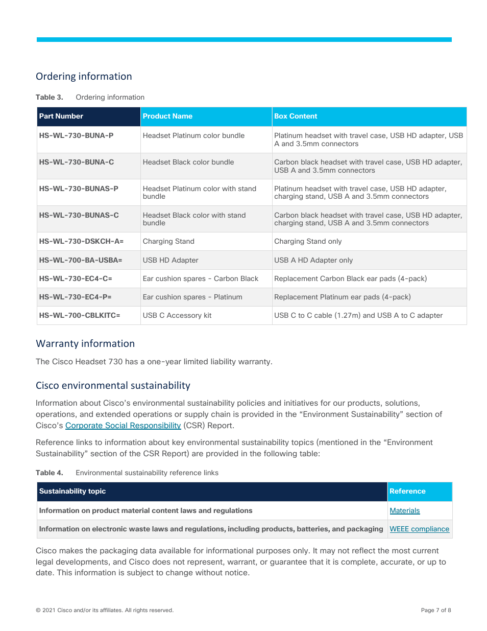 Ordering information, Warranty information, Cisco environmental sustainability | Cisco 730 Wireless Noise-Canceling Headset (Platinum) User Manual | Page 7 / 8