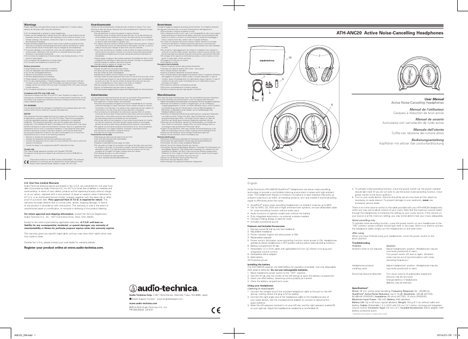 Audio-Technica ATH-ANC20 QuietPoint Active Noise-Cancelling On-Ear Headphones User Manual | 4 pages