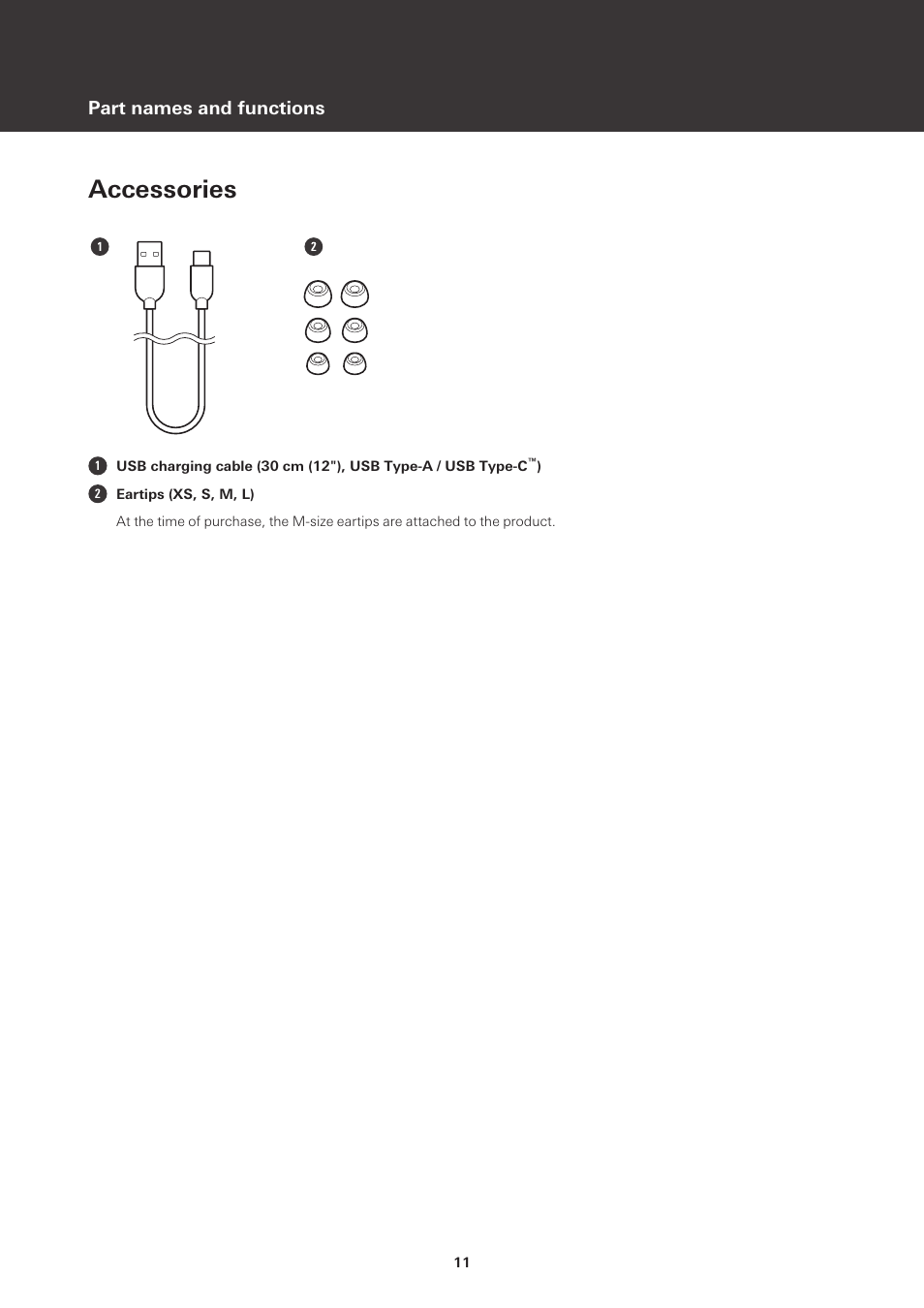 Accessories, Part names and functions | Audio-Technica ATH-SQ1TW True Wireless In-Ear Headphones (Popcorn White) User Manual | Page 12 / 36