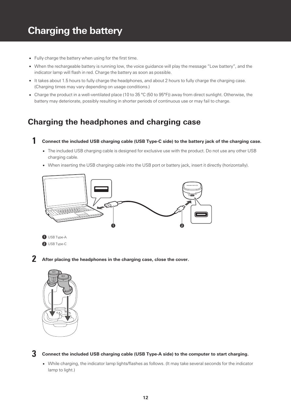 Charging the battery, Charging the headphones and charging case | Audio-Technica ATH-SQ1TW True Wireless In-Ear Headphones (Popcorn White) User Manual | Page 13 / 36