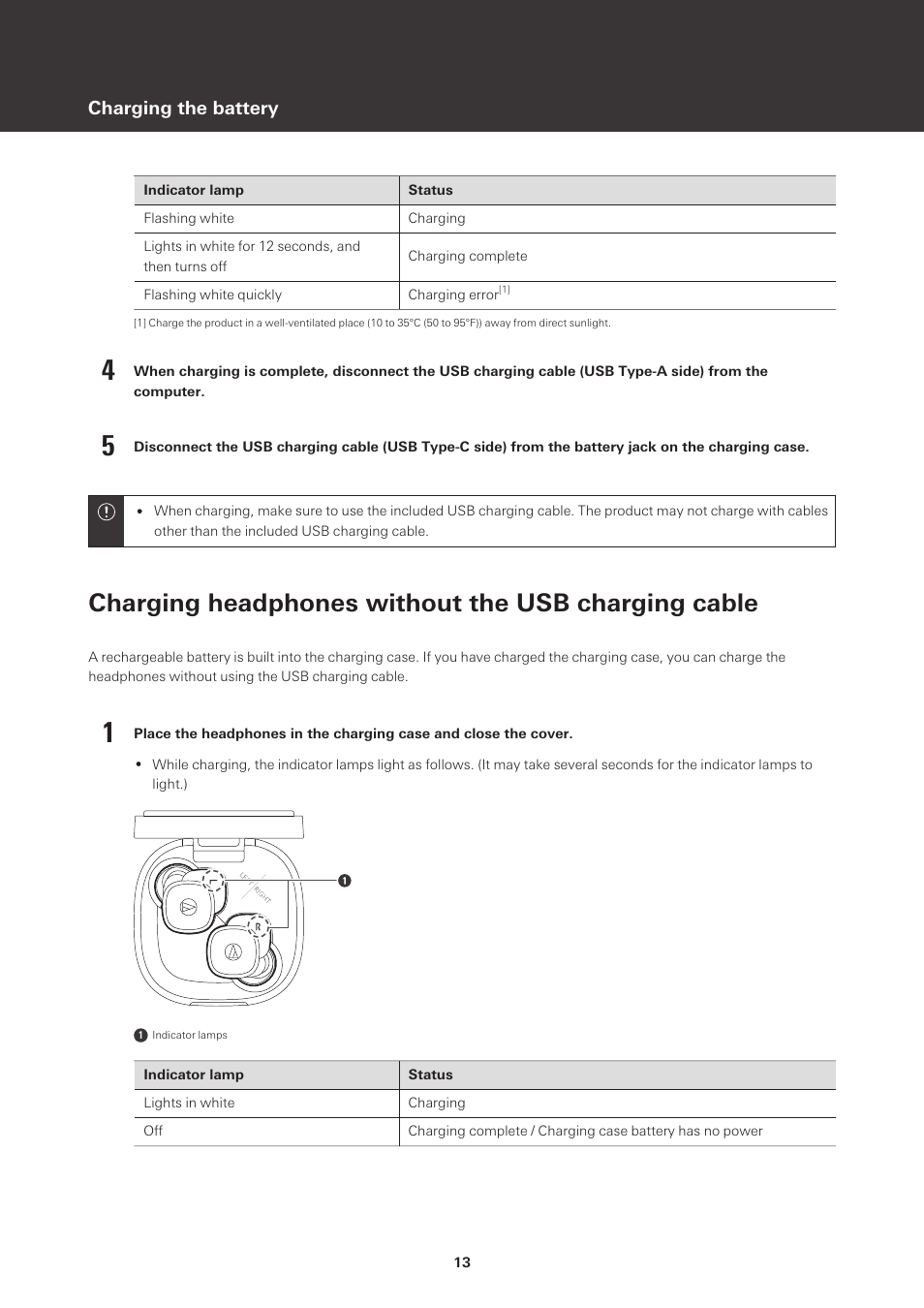 Charging headphones without the usb charging cable, Charging the battery | Audio-Technica ATH-SQ1TW True Wireless In-Ear Headphones (Popcorn White) User Manual | Page 14 / 36