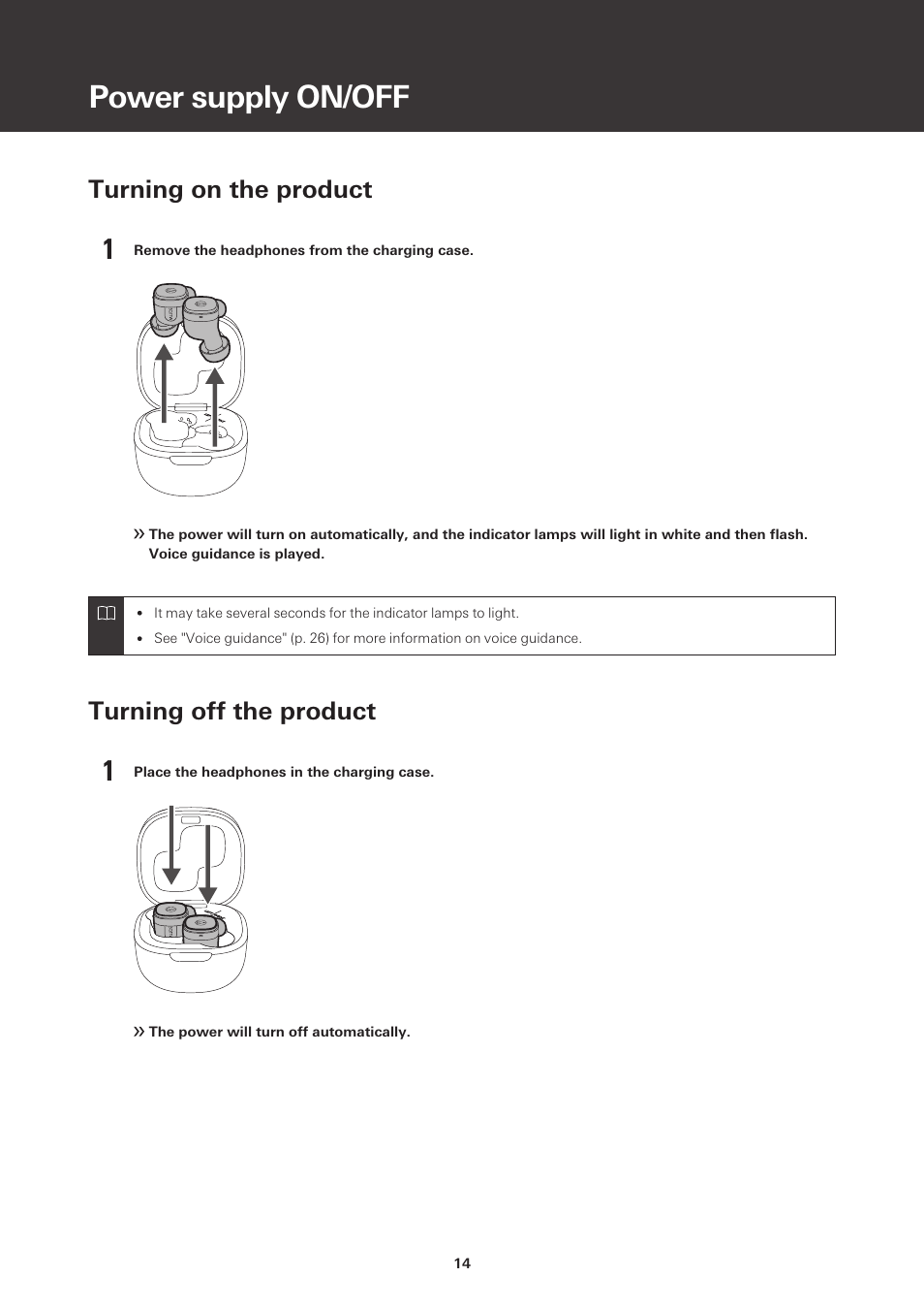 Power supply on/off, Turning on the product, Turning off the product | Audio-Technica ATH-SQ1TW True Wireless In-Ear Headphones (Popcorn White) User Manual | Page 15 / 36