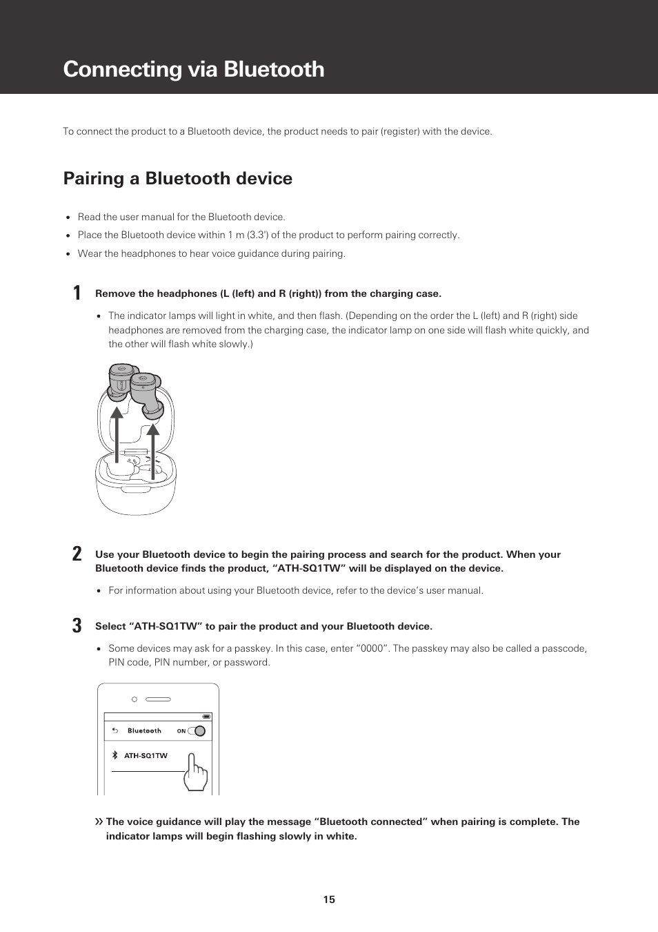 Connecting via bluetooth, Pairing a bluetooth device | Audio-Technica ATH-SQ1TW True Wireless In-Ear Headphones (Popcorn White) User Manual | Page 16 / 36