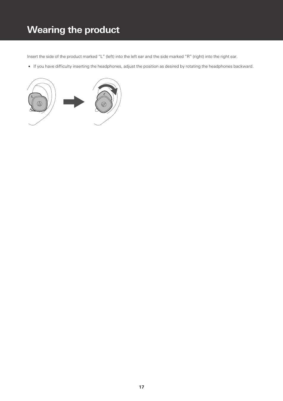 Wearing the product | Audio-Technica ATH-SQ1TW True Wireless In-Ear Headphones (Popcorn White) User Manual | Page 18 / 36