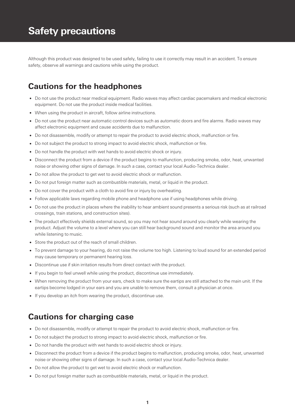 Safety precautions, Cautions for the headphones, Cautions for charging case | Audio-Technica ATH-SQ1TW True Wireless In-Ear Headphones (Popcorn White) User Manual | Page 2 / 36