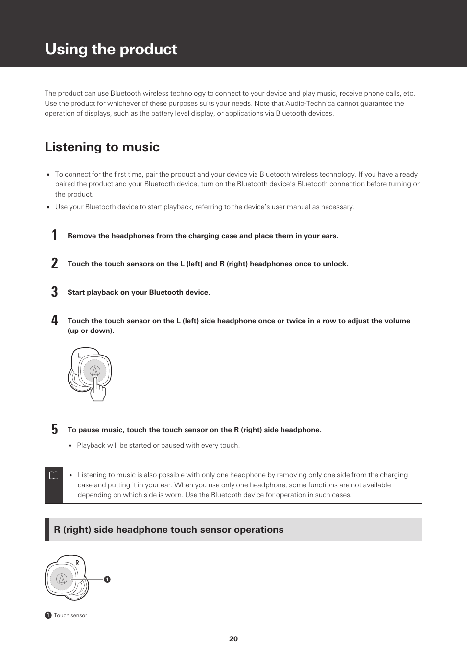 Using the product, Listening to music, R (right) side headphone touch sensor operations | Audio-Technica ATH-SQ1TW True Wireless In-Ear Headphones (Popcorn White) User Manual | Page 21 / 36