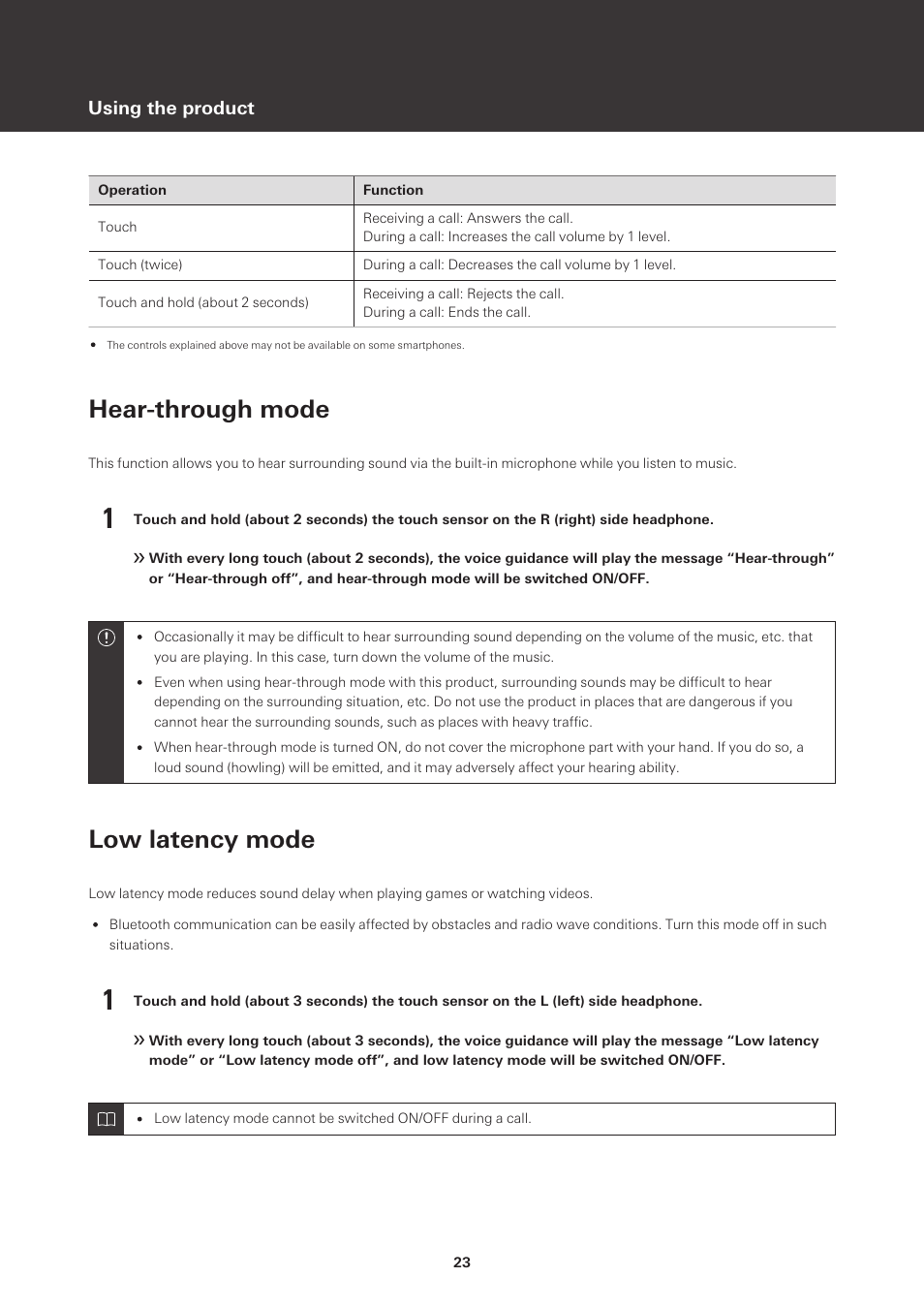 Hear-through mode, Low latency mode | Audio-Technica ATH-SQ1TW True Wireless In-Ear Headphones (Popcorn White) User Manual | Page 24 / 36