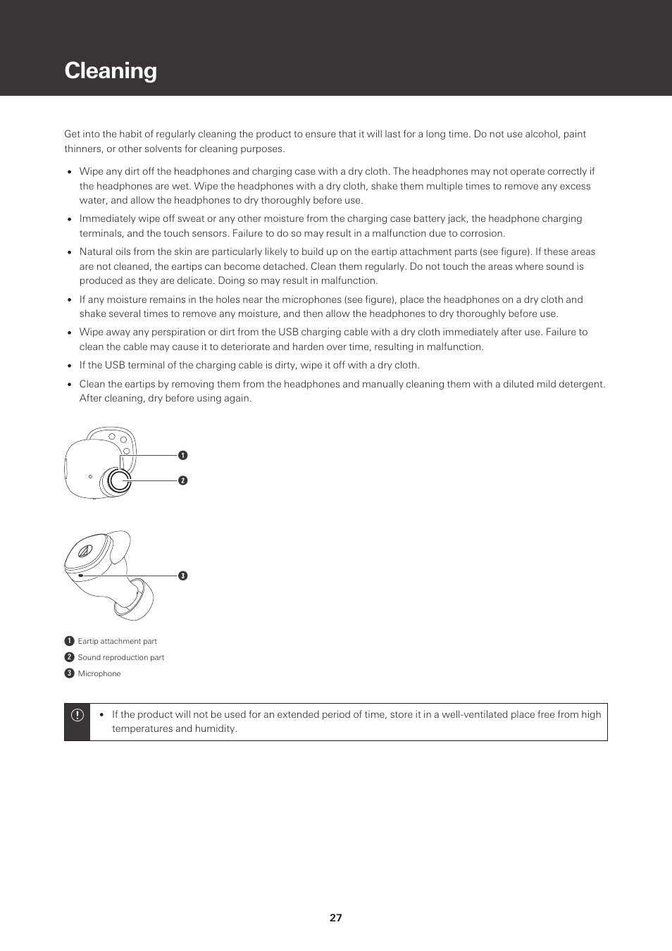 Cleaning | Audio-Technica ATH-SQ1TW True Wireless In-Ear Headphones (Popcorn White) User Manual | Page 28 / 36