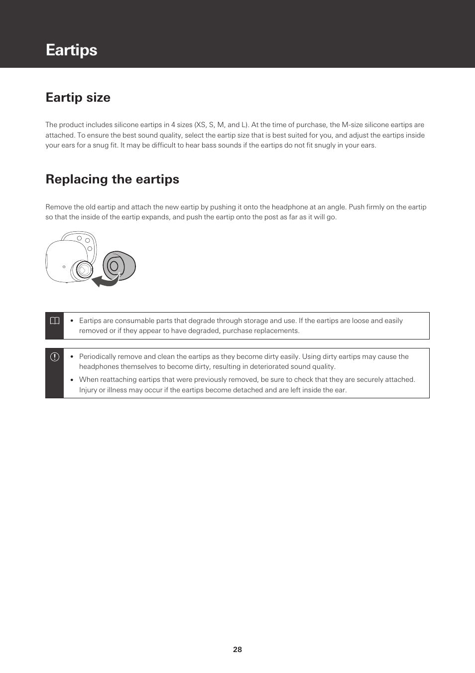 Eartips, Eartip size, Replacing the eartips | Audio-Technica ATH-SQ1TW True Wireless In-Ear Headphones (Popcorn White) User Manual | Page 29 / 36