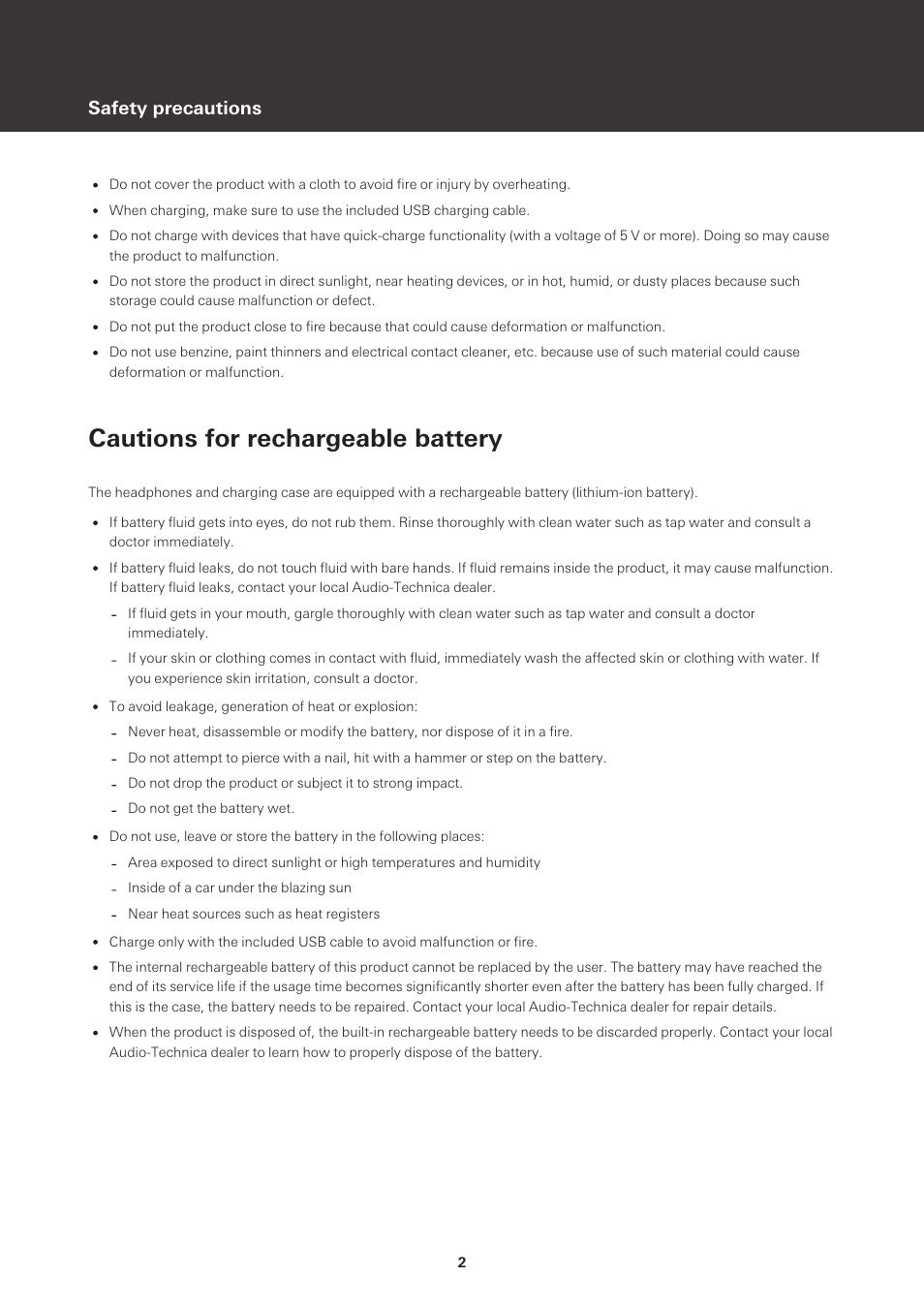 Cautions for rechargeable battery, Safety precautions | Audio-Technica ATH-SQ1TW True Wireless In-Ear Headphones (Popcorn White) User Manual | Page 3 / 36