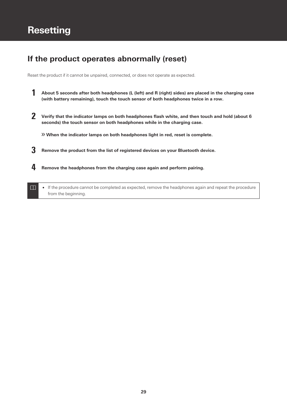 Resetting, If the product operates abnormally (reset) | Audio-Technica ATH-SQ1TW True Wireless In-Ear Headphones (Popcorn White) User Manual | Page 30 / 36