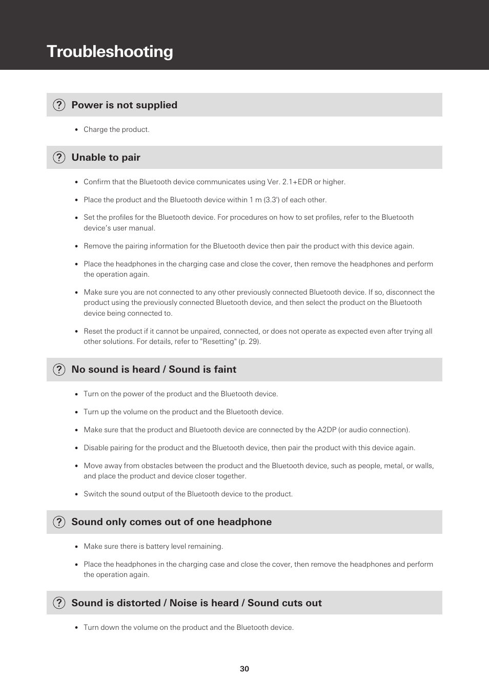 Troubleshooting | Audio-Technica ATH-SQ1TW True Wireless In-Ear Headphones (Popcorn White) User Manual | Page 31 / 36