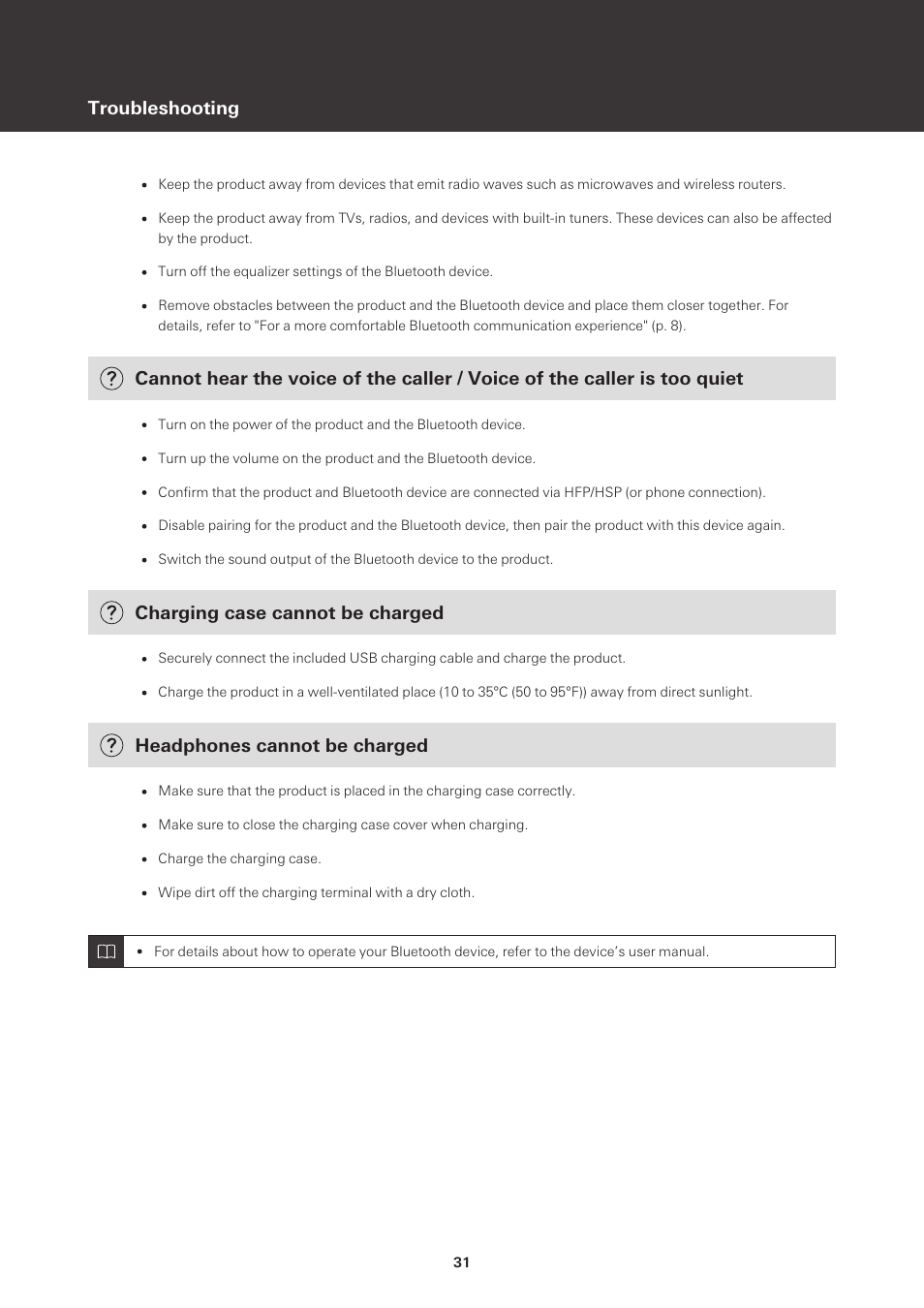 Troubleshooting, Charging case cannot be charged, Headphones cannot be charged | Audio-Technica ATH-SQ1TW True Wireless In-Ear Headphones (Popcorn White) User Manual | Page 32 / 36