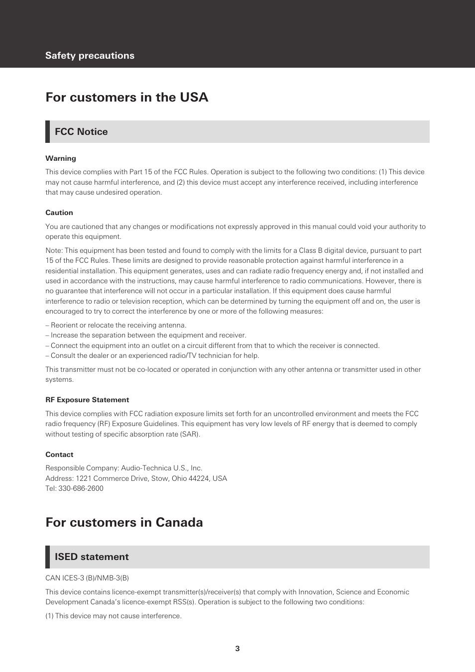 For customers in the usa, Fcc notice, For customers in canada | Ised statement | Audio-Technica ATH-SQ1TW True Wireless In-Ear Headphones (Popcorn White) User Manual | Page 4 / 36