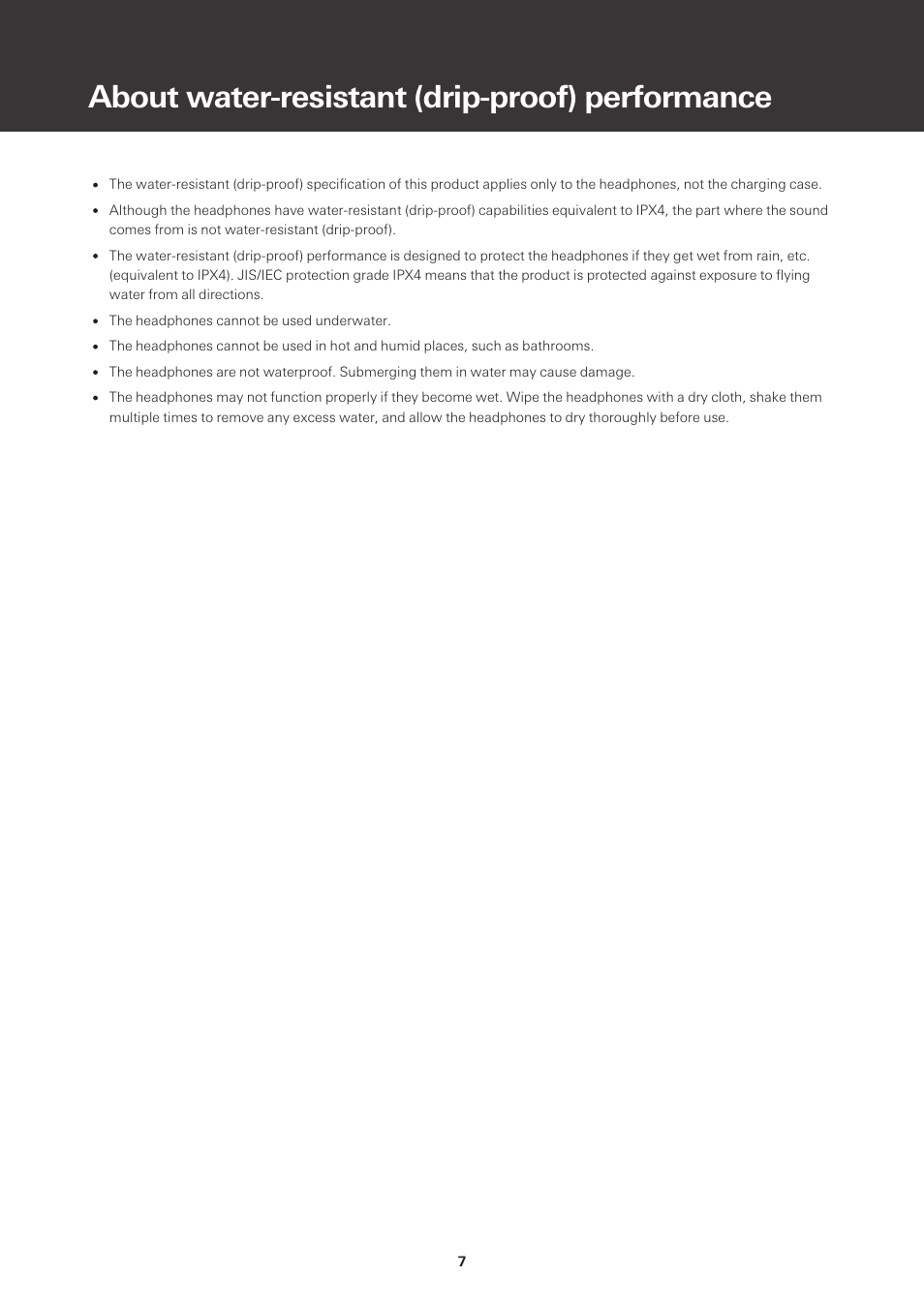 About water-resistant (drip-proof) performance | Audio-Technica ATH-SQ1TW True Wireless In-Ear Headphones (Popcorn White) User Manual | Page 8 / 36